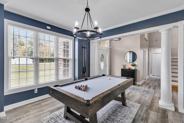 game room featuring wood-type flooring, ornate columns, pool table, and ornamental molding