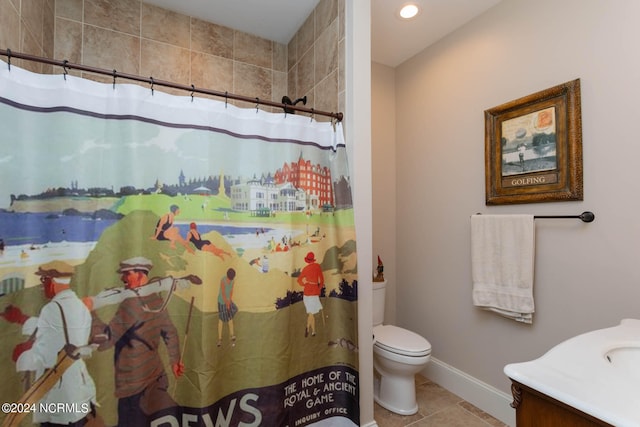 bathroom with toilet, vanity, tile patterned floors, and a shower with shower curtain