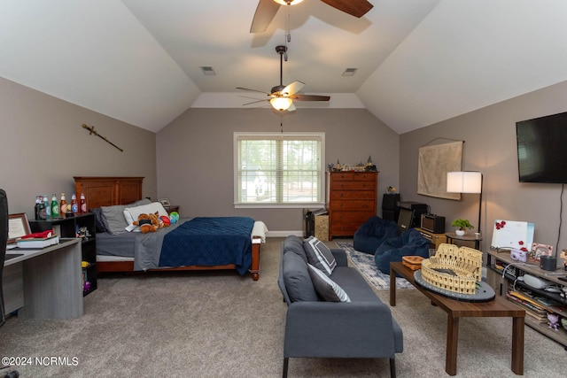 bedroom featuring carpet floors, vaulted ceiling, and ceiling fan