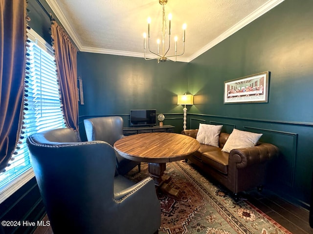 interior space with crown molding, a notable chandelier, wood-type flooring, and a textured ceiling