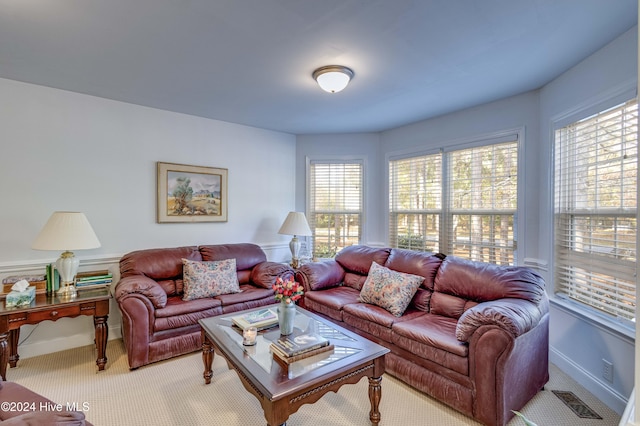 living room with a wealth of natural light and carpet