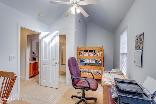 74 Driftwood Ct, Arapahoe, NC 28510 - office area with vaulted ceiling, light carpet, a ceiling fan, and baseboards