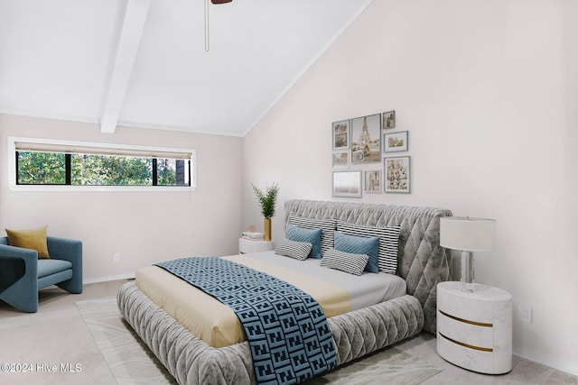 carpeted bedroom featuring beamed ceiling and high vaulted ceiling