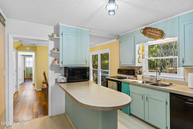 kitchen featuring light hardwood / wood-style floors, a healthy amount of sunlight, sink, and black appliances