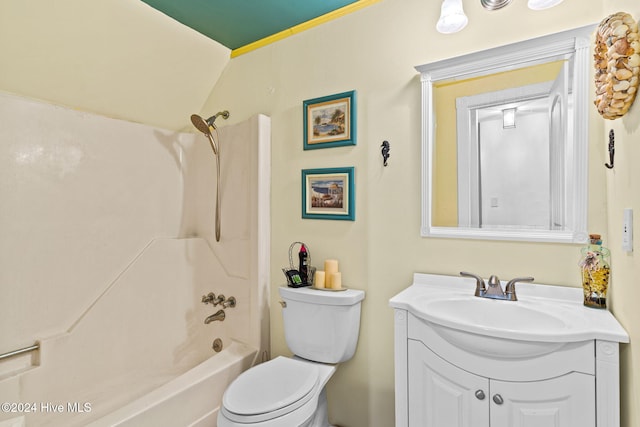 full bathroom featuring toilet, vanity, shower / bathing tub combination, and lofted ceiling