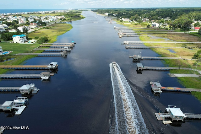 bird's eye view with a water view