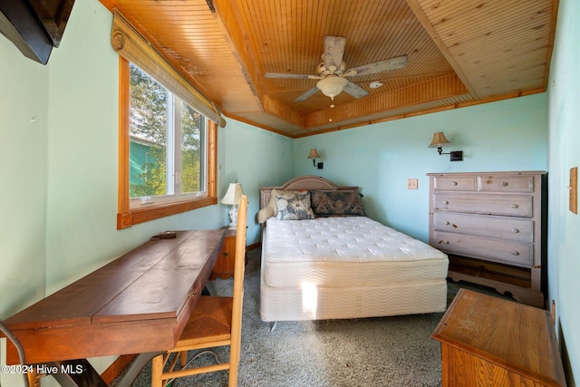 bedroom featuring ceiling fan, carpet floors, and wood ceiling