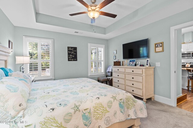 1296 Marsilio Ln SW Unit A, Ocean Isle Beach, NC 28469 - bedroom with baseboards, a raised ceiling, carpet flooring, and ceiling fan