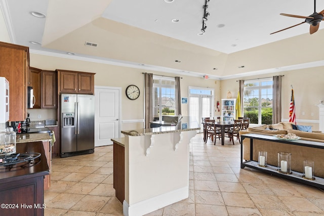 kitchen with stainless steel appliances, light stone counters, ceiling fan, a tray ceiling, and a breakfast bar