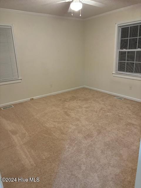 carpeted empty room with ceiling fan and crown molding