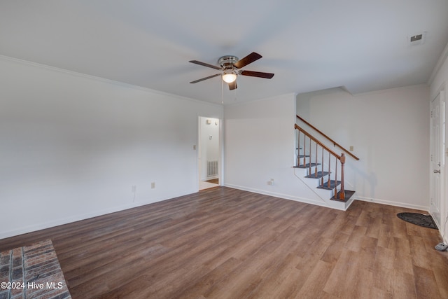 unfurnished living room with ornamental molding, light hardwood / wood-style flooring, and ceiling fan