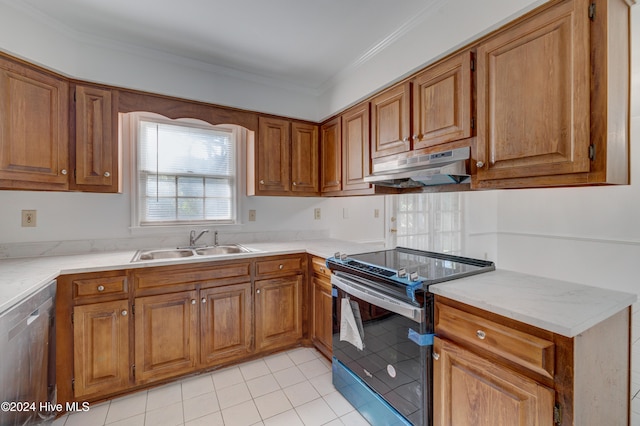 kitchen with dishwasher, sink, light tile patterned floors, ornamental molding, and black electric range oven