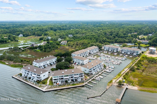 drone / aerial view featuring a water view