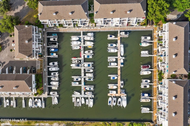 bird's eye view with a water view