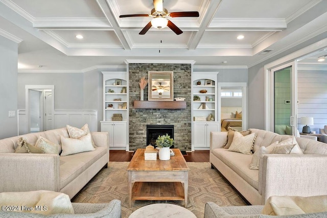 living room with beam ceiling, light hardwood / wood-style floors, and coffered ceiling