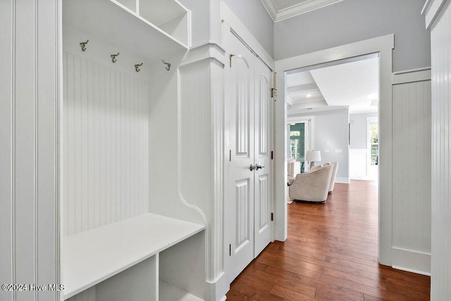 mudroom with dark hardwood / wood-style flooring and crown molding