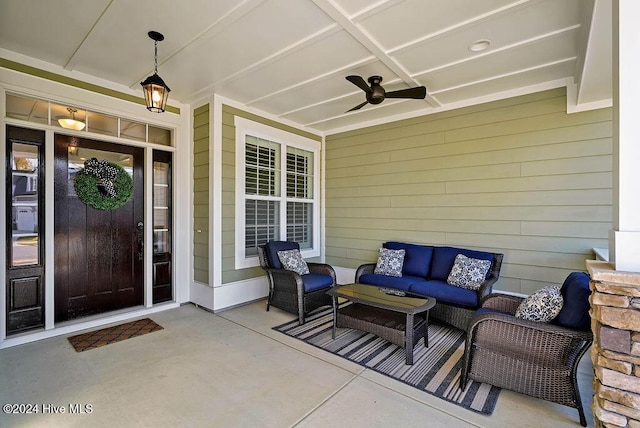 exterior space with outdoor lounge area, ceiling fan, and covered porch