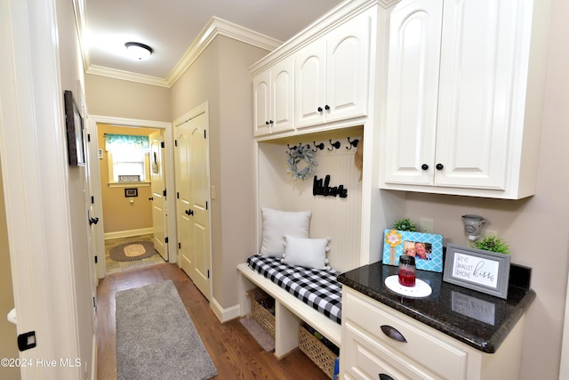 mudroom with crown molding and dark hardwood / wood-style flooring