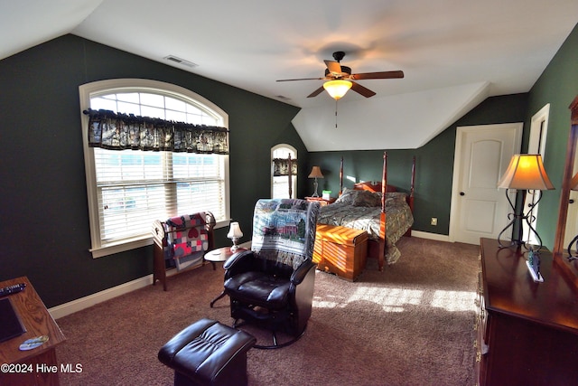 bedroom with lofted ceiling, carpet flooring, and ceiling fan