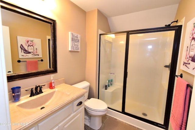 bathroom featuring toilet, vanity, and a shower with shower door