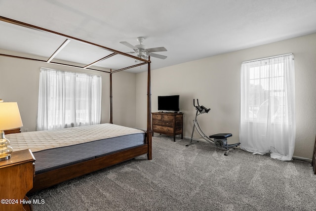 carpeted bedroom with ceiling fan