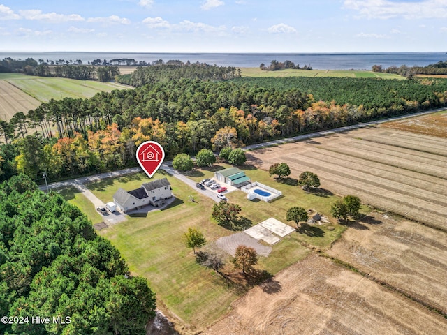 aerial view featuring a rural view and a water view