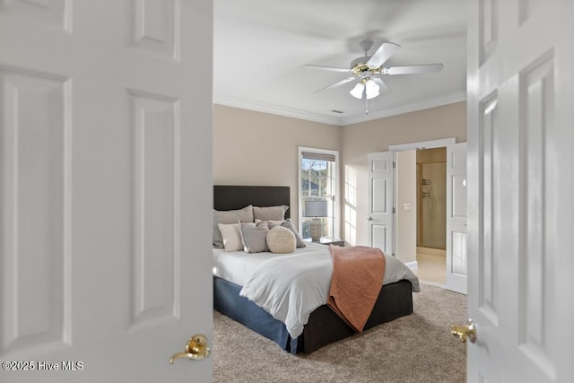 bedroom with crown molding, ensuite bath, ceiling fan, and carpet