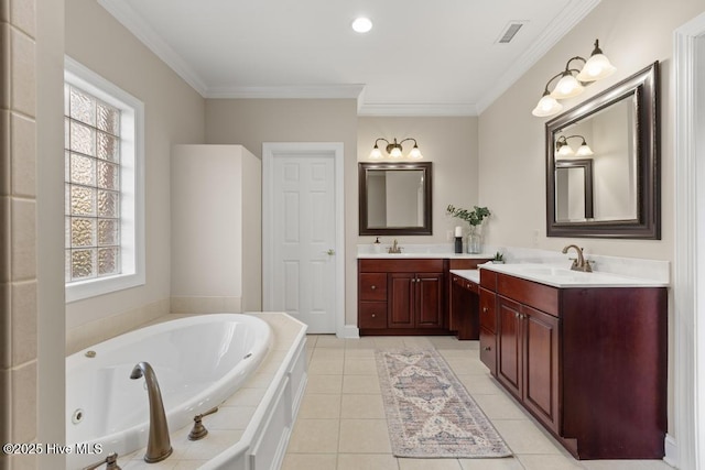bathroom featuring visible vents, a sink, a whirlpool tub, tile patterned floors, and double vanity