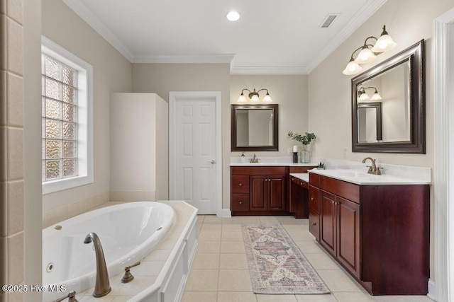 bathroom with tile patterned flooring, vanity, ornamental molding, and tiled tub