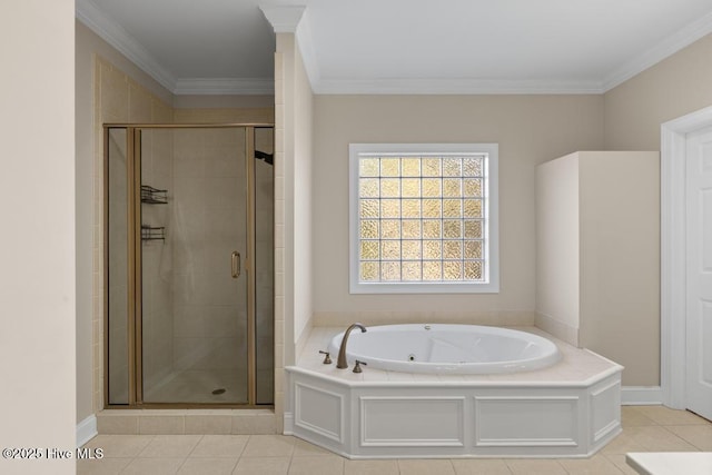 full bath with a bath, tile patterned floors, a shower stall, and crown molding