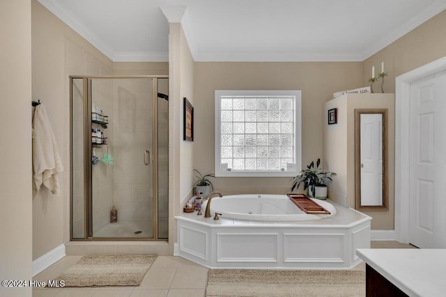 bathroom featuring a stall shower, a garden tub, vanity, and crown molding