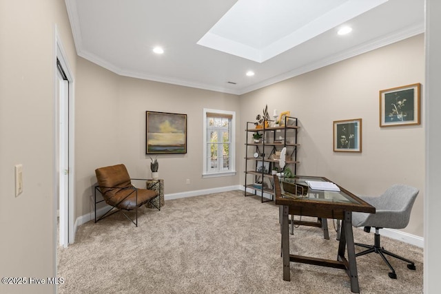 carpeted office featuring crown molding and a skylight