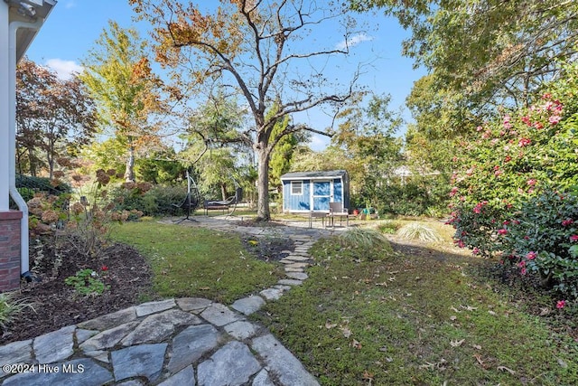 view of yard featuring a shed, a patio, and an outbuilding