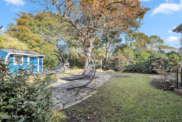 view of yard featuring an outbuilding and a storage shed