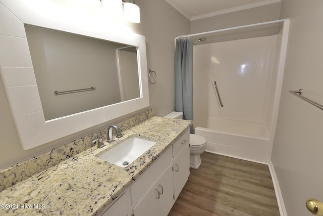 28 Winders Crk, Rocky Mount, NC 27804 - bathroom with toilet, wood finished floors, vanity, ornamental molding, and shower / bathtub combination with curtain