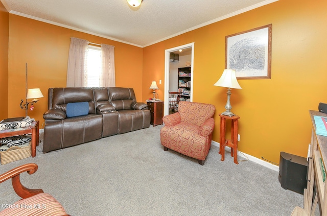 living room with ornamental molding, carpet flooring, and a textured ceiling