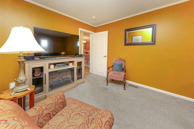 living room with ornamental molding, a textured ceiling, and carpet