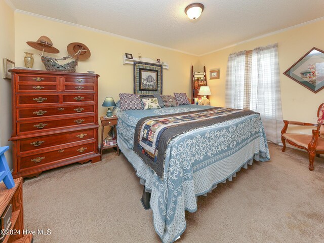 bedroom with crown molding, light carpet, and a textured ceiling