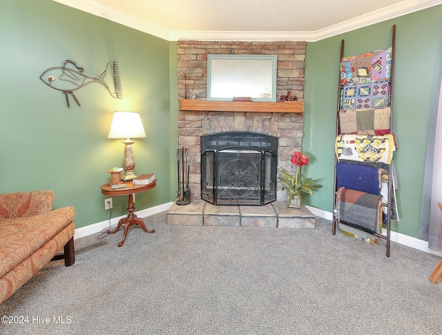 living room with a fireplace, carpet floors, and ornamental molding