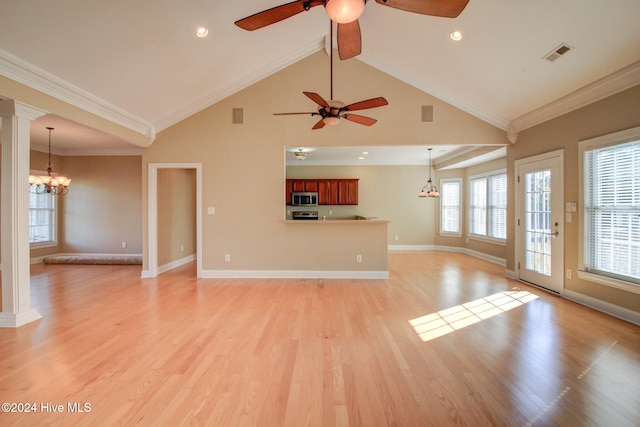 unfurnished living room with ornamental molding, high vaulted ceiling, and light hardwood / wood-style flooring