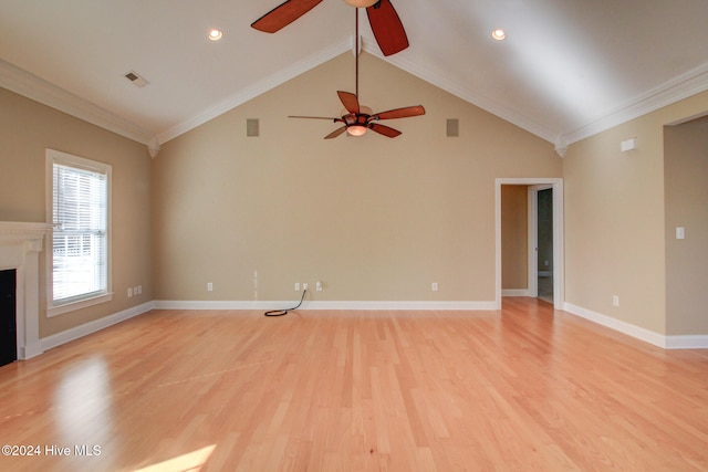 unfurnished living room featuring ceiling fan, crown molding, high vaulted ceiling, and light hardwood / wood-style flooring