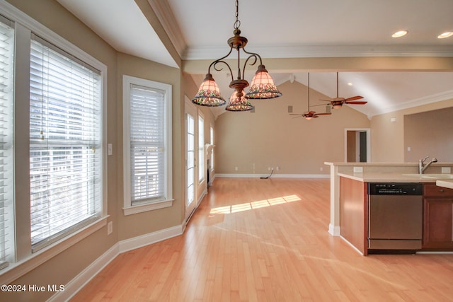 kitchen featuring pendant lighting, light hardwood / wood-style floors, stainless steel dishwasher, and a healthy amount of sunlight