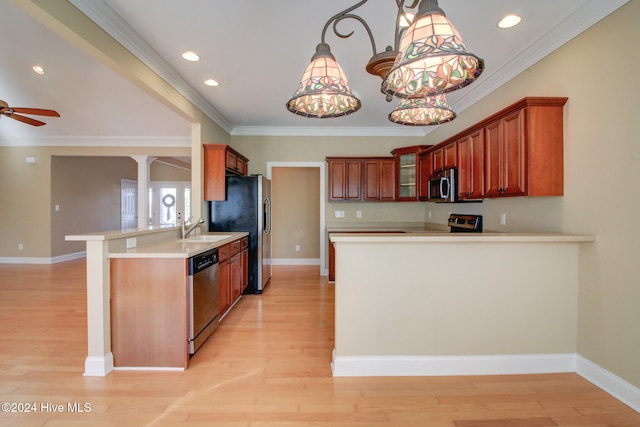 kitchen with kitchen peninsula, appliances with stainless steel finishes, light wood-type flooring, and pendant lighting