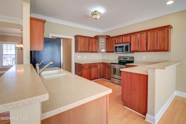 kitchen with kitchen peninsula, stainless steel appliances, light hardwood / wood-style floors, and sink