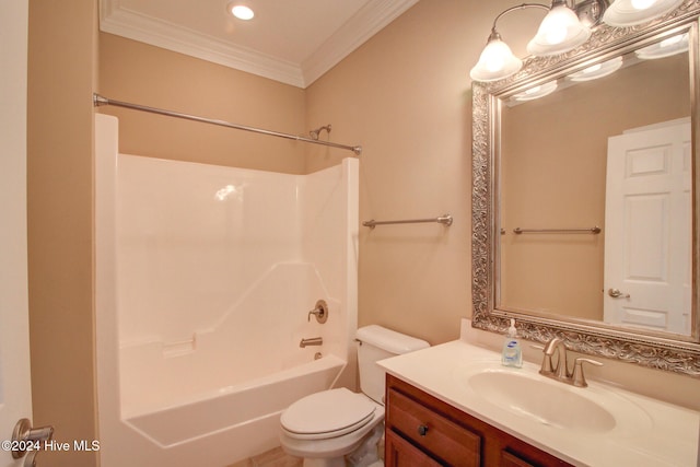 full bathroom featuring vanity, toilet, shower / bath combination, and crown molding