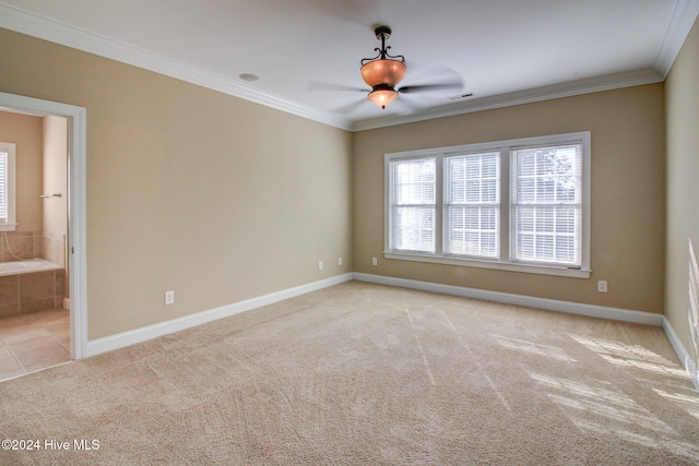 carpeted spare room with ceiling fan and crown molding