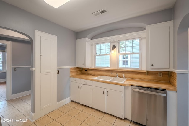 kitchen with stainless steel dishwasher, white cabinets, and sink