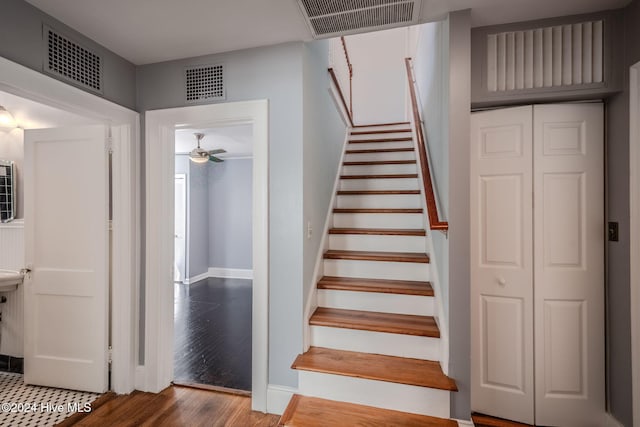 stairs with hardwood / wood-style floors and ceiling fan