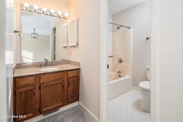 full bathroom featuring visible vents, toilet, shower / tub combination, tile patterned floors, and vanity