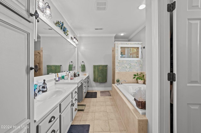 bathroom with vanity, tiled bath, and crown molding